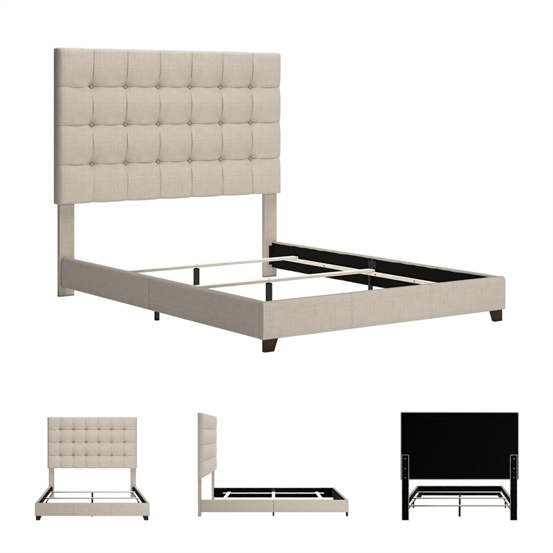 Bowery Hill Tufted Engineered Wood Frame Queen Panel Bed in Beige