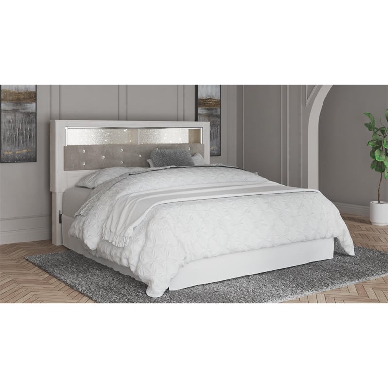 Bowery Hill Fabric King Panel Bookcase Headboard in White/Gray