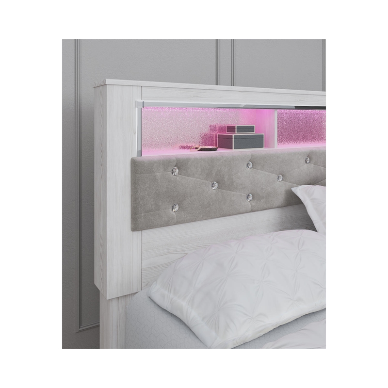 Bowery Hill Fabric King Panel Bookcase Headboard in White/Gray