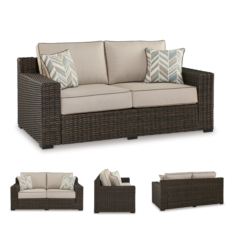 Bowery Hill Coastal Wicker / Rattan Brown Outdoor Loveseat with Cushion