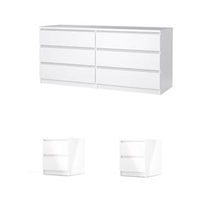 Bowery Hill Set of 3 Double Dresser & 2 Nightstands in White High Gloss