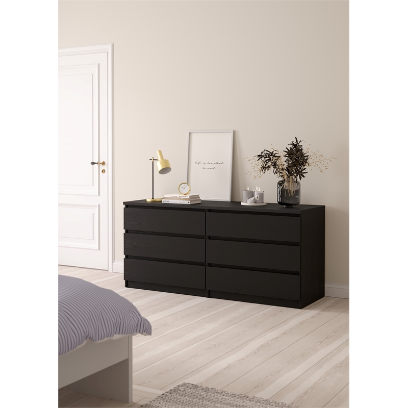 Bowery Hill Set of 3 Double Dresser & 2 Nightstands in Black Woodgrain