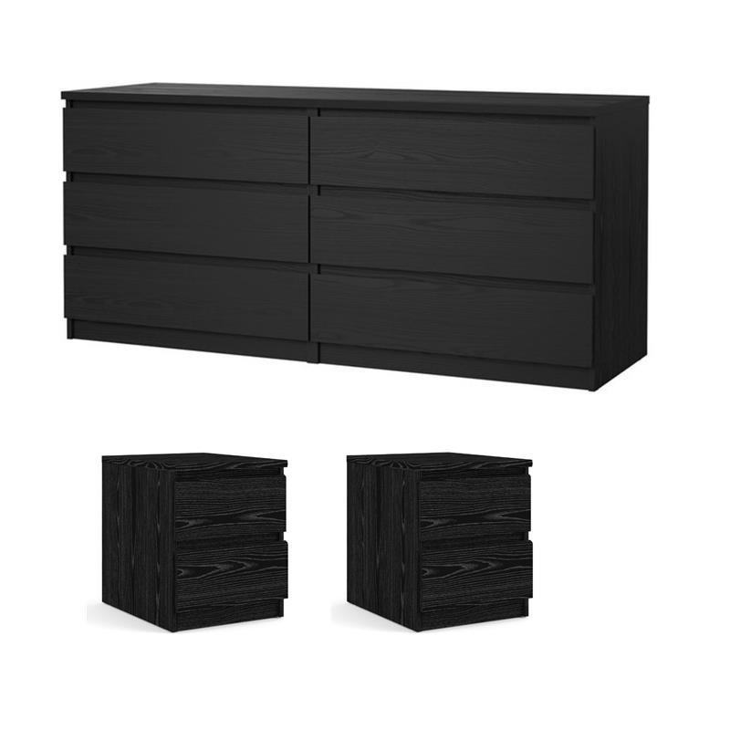 Bowery Hill Set of 3 Double Dresser & 2 Nightstands in Black Woodgrain