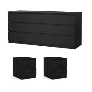 Bowery Hill Set of 3 Double Dresser & 2 Nightstands in Black Woodgrain
