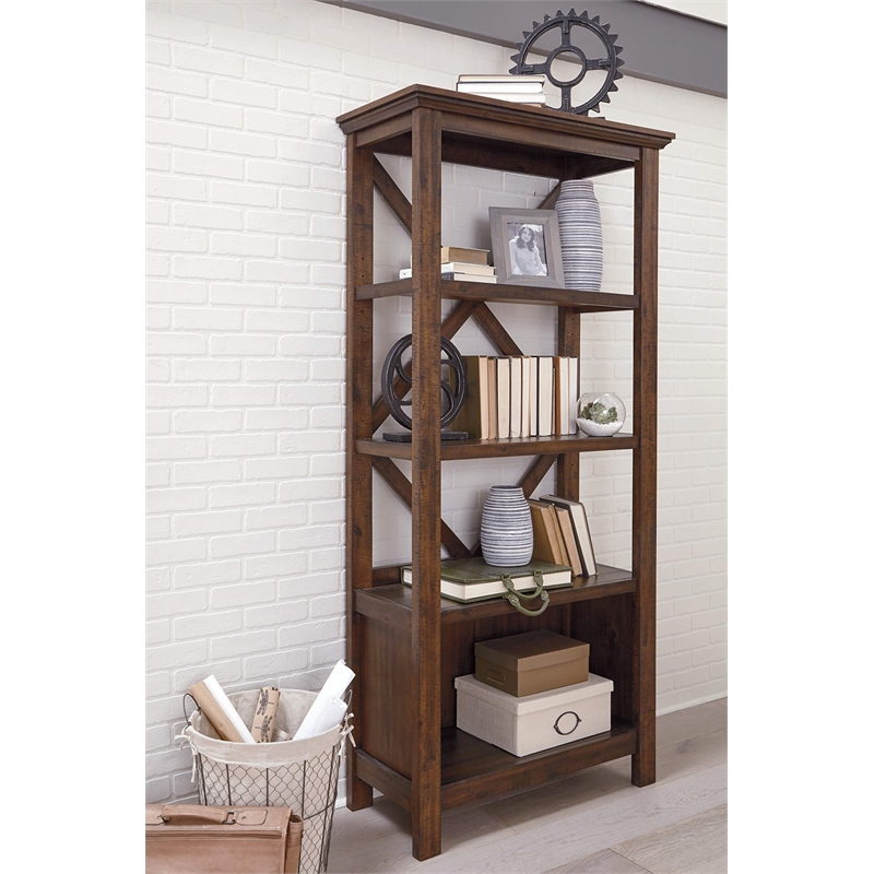Bowery Hill Rustic 4 Shelf Crossbuck Bookcase in Rustic Warm Brown
