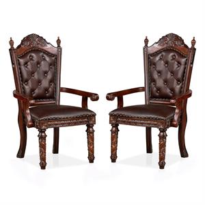 Bowery Hill Solid Wood Tufted Arm Chair in Cherry (Set of 2)
