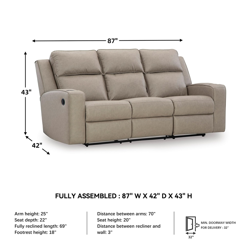Bowery Hill Reclining Sofa with Drop Down Table in Pebble Finish