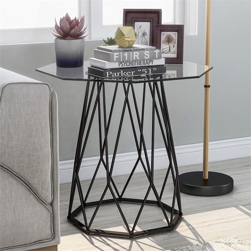 Bowery Hill Contemporary Contemporary Glass Top End Table in Black