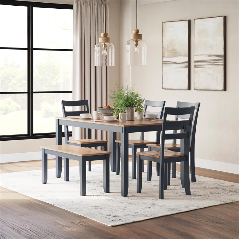 Bowery Hill Farmhouse Natural & Blue Dining Table Set - Set of 6