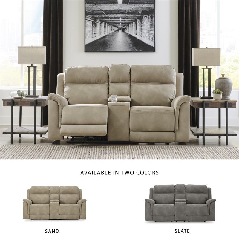 Bowery Hill Contemporary Sand Power Reclining Loveseat with Console