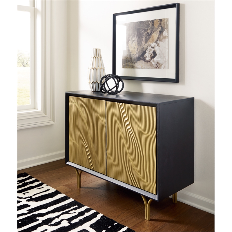 Bowery Hill Wood Black Accent Cabinet Rectangular Goldtone Finish 40