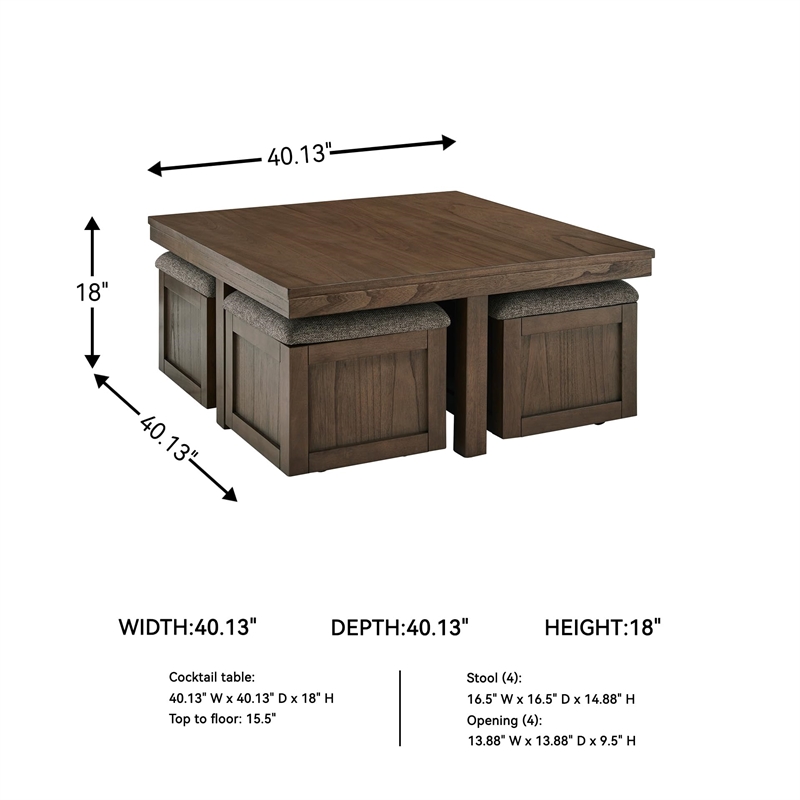 Bowery Hill Wood Contemporary Brown Coffee Table with 4 Stools
