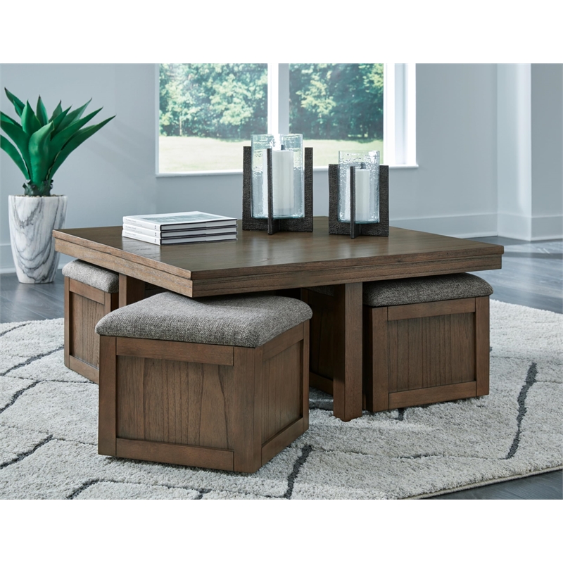 Bowery Hill Wood Contemporary Brown Coffee Table with 4 Stools
