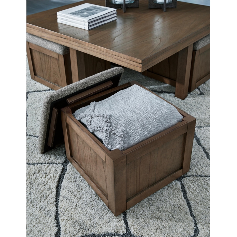 Bowery Hill Wood Contemporary Brown Coffee Table with 4 Stools