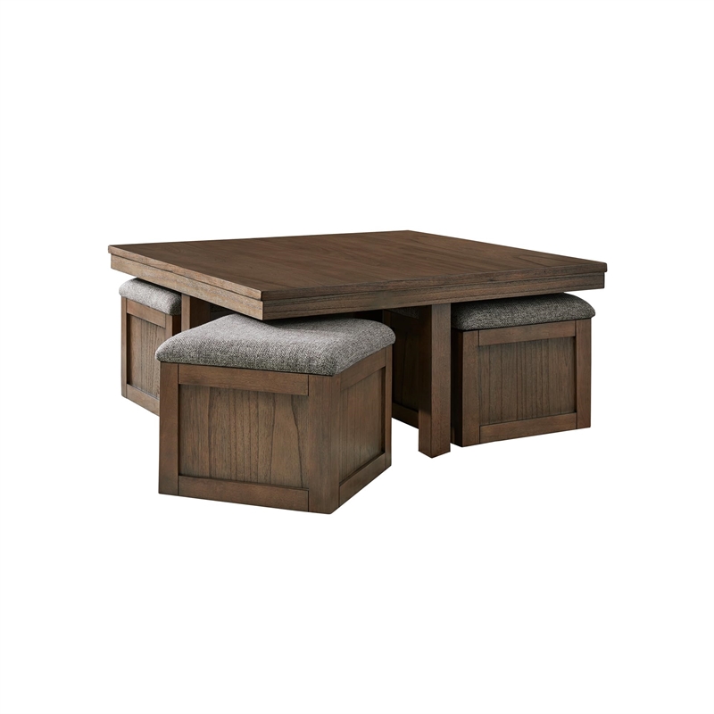 Bowery Hill Wood Contemporary Brown Coffee Table with 4 Stools