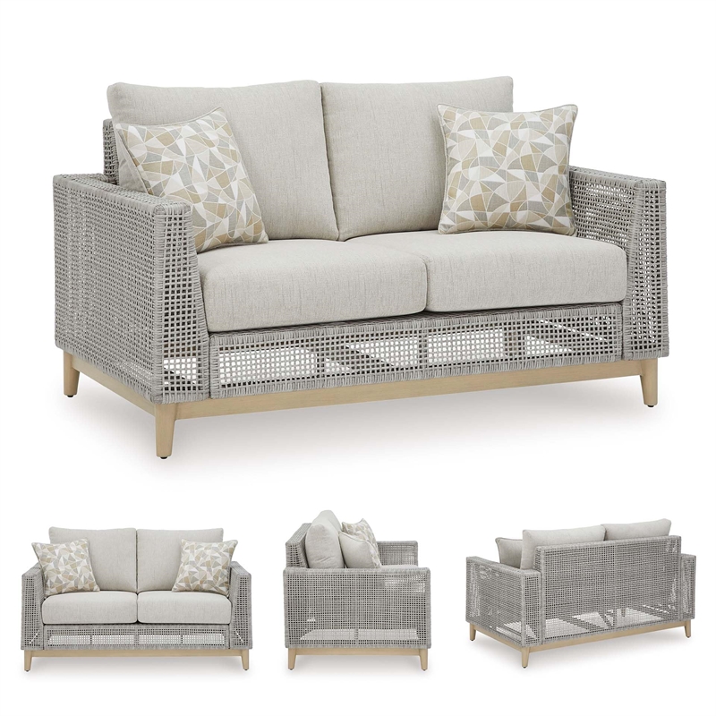 Bowery Hill Wicker / Rattan Coastal Gray Outdoor Loveseat with Cushion