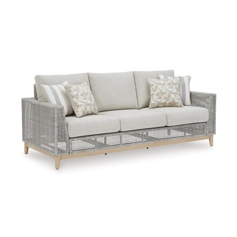 Bowery Hill Wicker / Rattan Coastal Gray Outdoor Sofa with Cushion