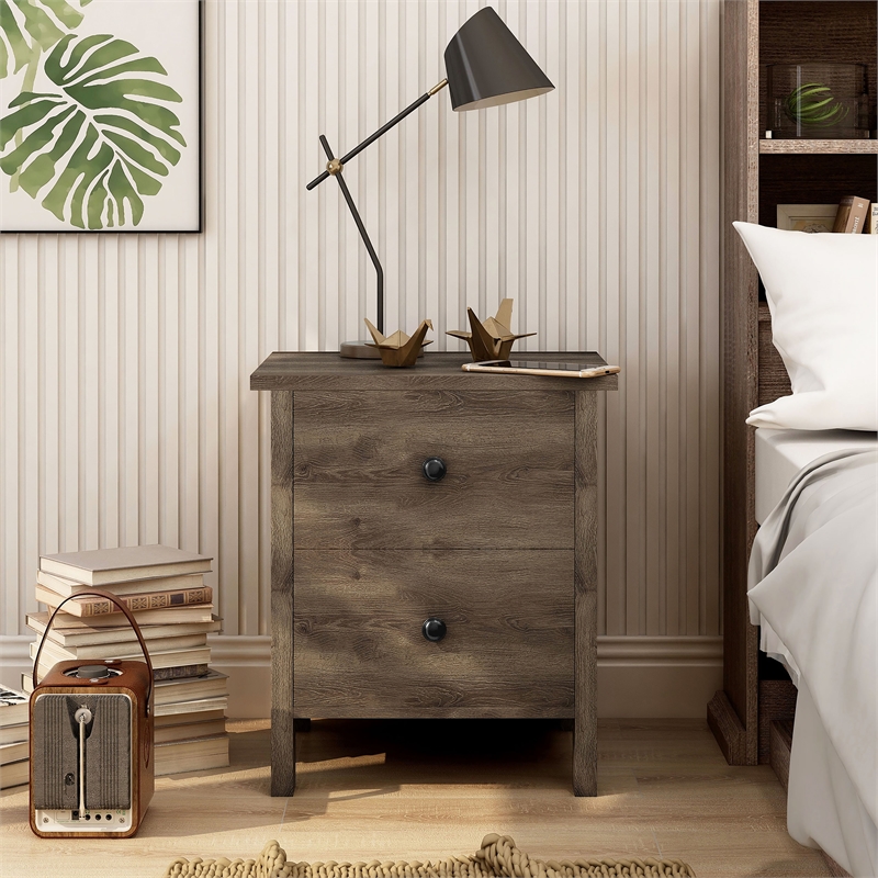 Bowery Hill Rustic Wood 2-Drawer Nightstand in Distressed Walnut