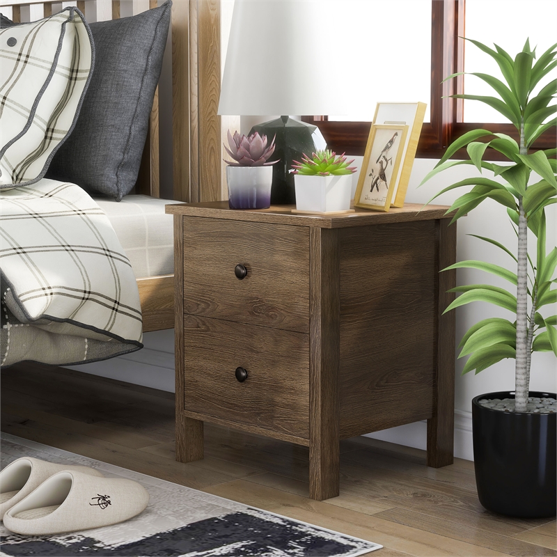 Bowery Hill Rustic Wood 2-Drawer Nightstand in Distressed Walnut