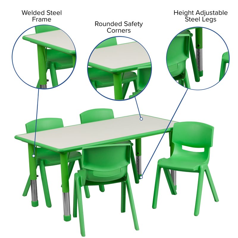 Bowery Hill Plastic Activity Table Set with 4 School Stacking Chairs in Green