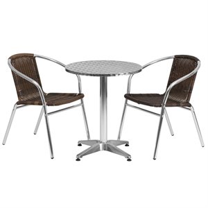 Bowery Hill 3 Piece Round Patio Bistro Set in Aluminum and Brown