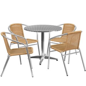 Bowery Hill Contemporary 31.5&quotW Aluminum Table Set-4 Chairs In Beige