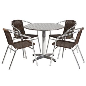 Bowery Hill 5 Piece Round Patio Dining Set in Aluminum and Brown