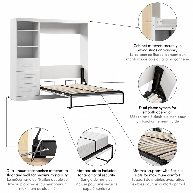 Bowery Hill Full Murphy Bed and Shelving Unit with Drawers (84W) in White
