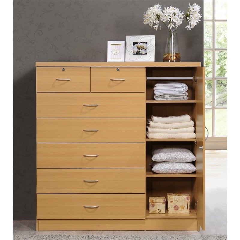Bowery Hill 7 Drawer Chest with Locks on 2 Drawers and 1 Door in Beech Wood