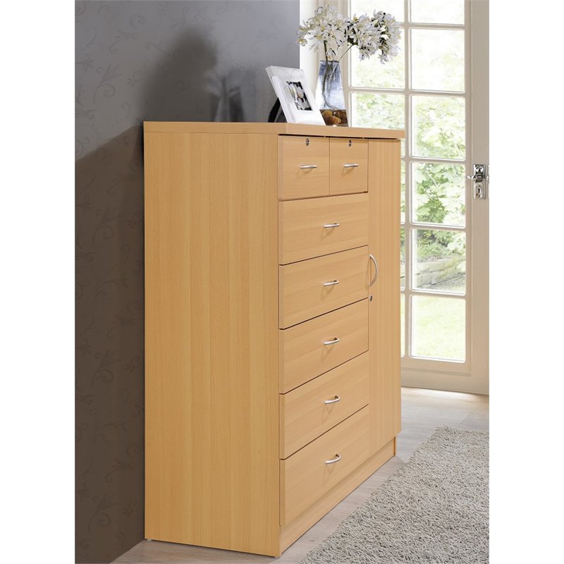 Bowery Hill 7 Drawer Chest with Locks on 2 Drawers and 1 Door in Beech Wood