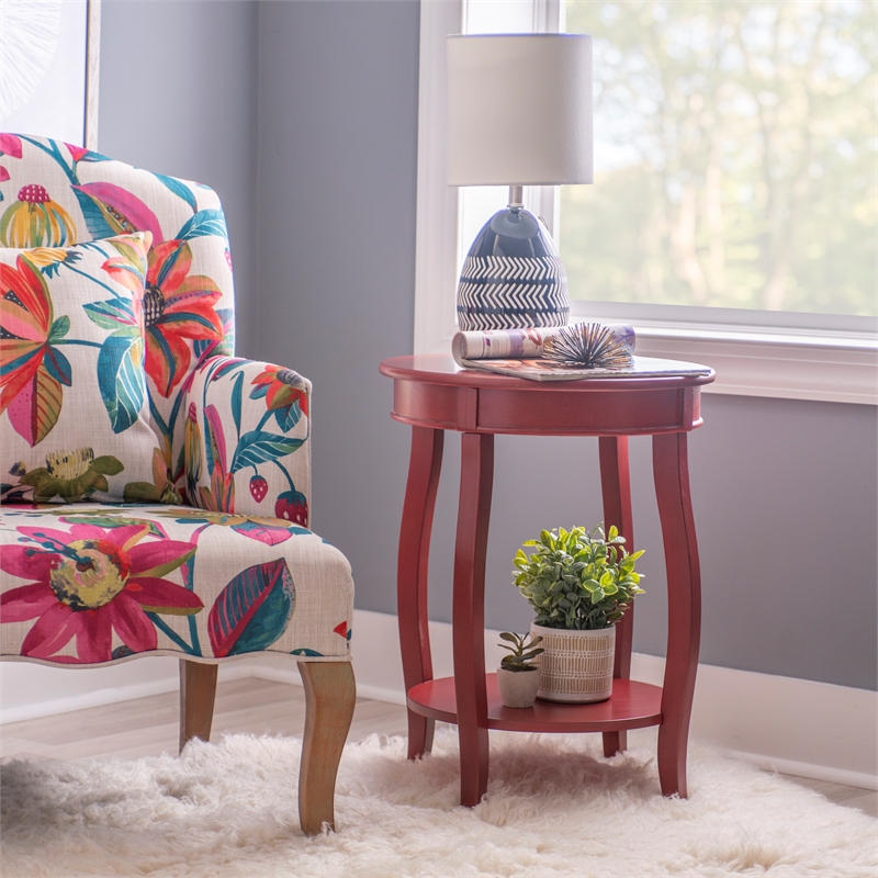 Bowery Hill Contemporary Round Wood End Table with Shelf in Red
