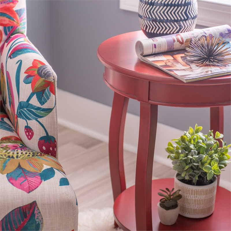 Bowery Hill Contemporary Round Wood End Table with Shelf in Red