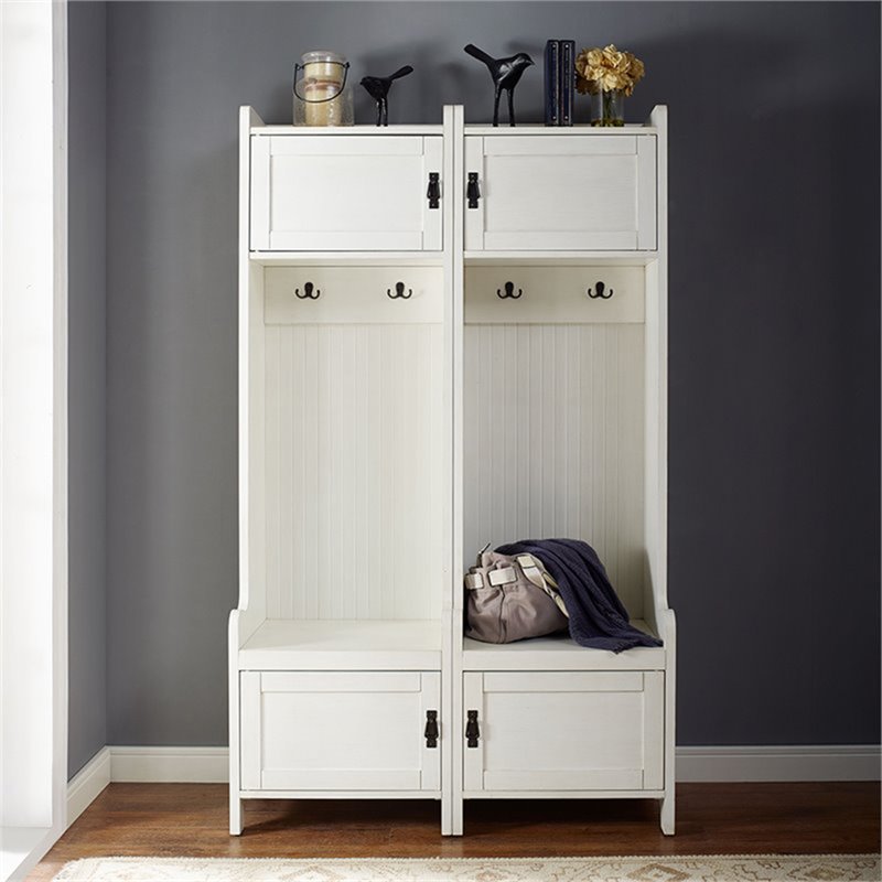 Bowery Hill Contemporary Wood Hall Tree in Distressed White (Set of 2)