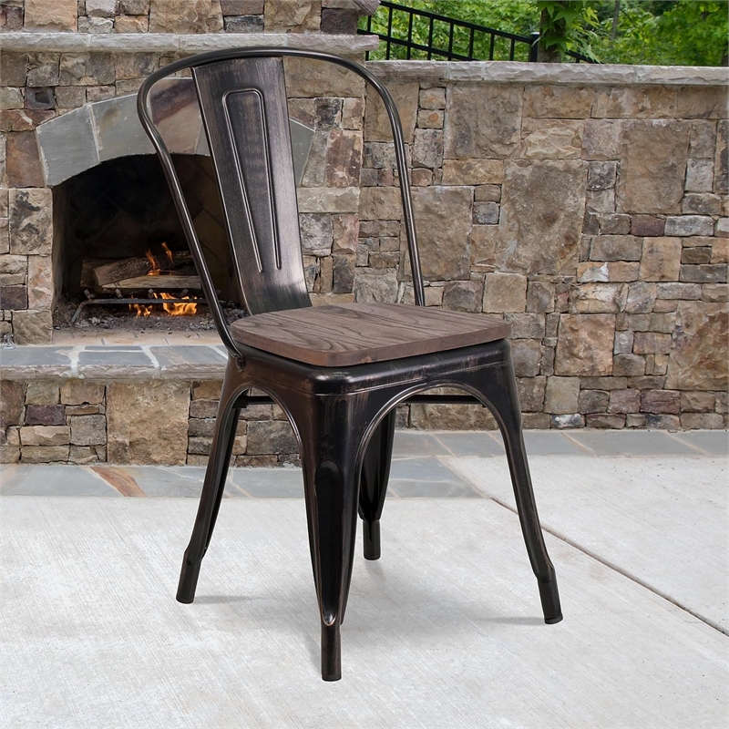 Bowery Hill Contemporary Metal Stack Chair In Black-Antique Gold