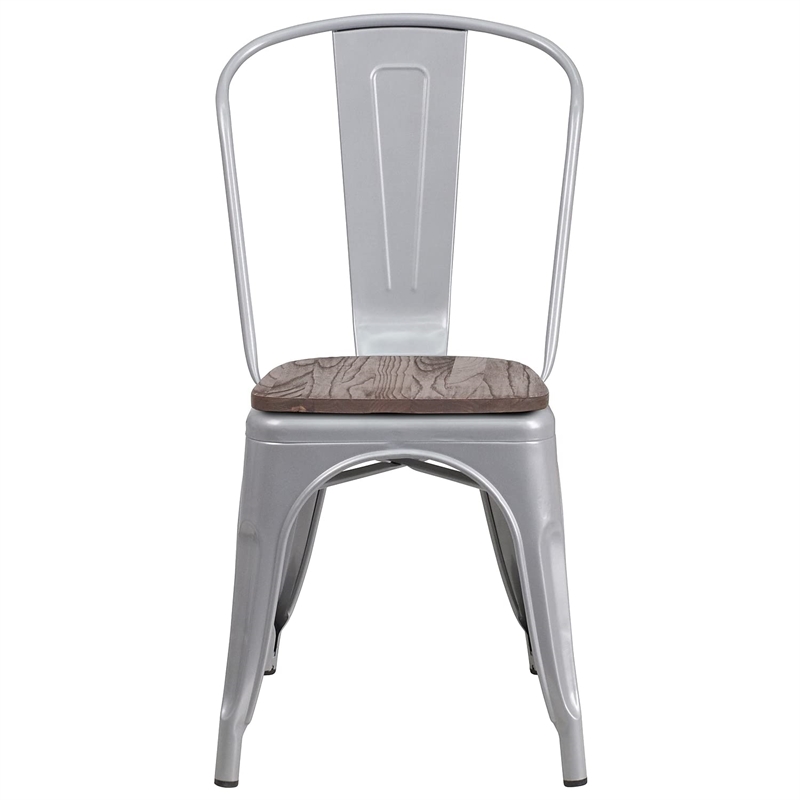Bowery Hill Metal Dining Side Chair in Silver and Wood Grain