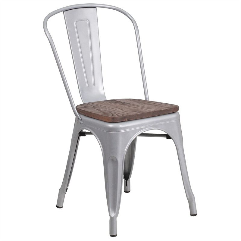 Bowery Hill Metal Dining Side Chair in Silver and Wood Grain