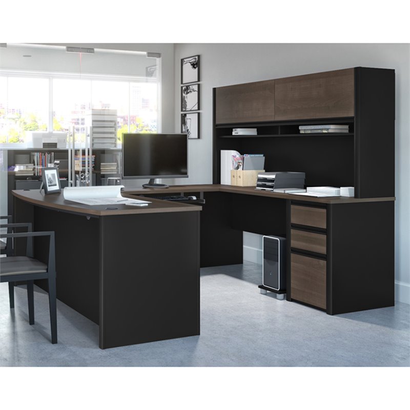 Bowery Hill 6 Piece U Shaped Computer Desk with Hutch in Antigua and Black