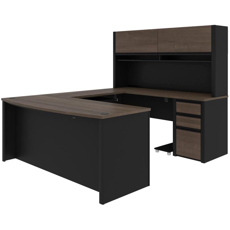 Bowery Hill 6 Piece U Shaped Computer Desk with Hutch in Antigua and Black