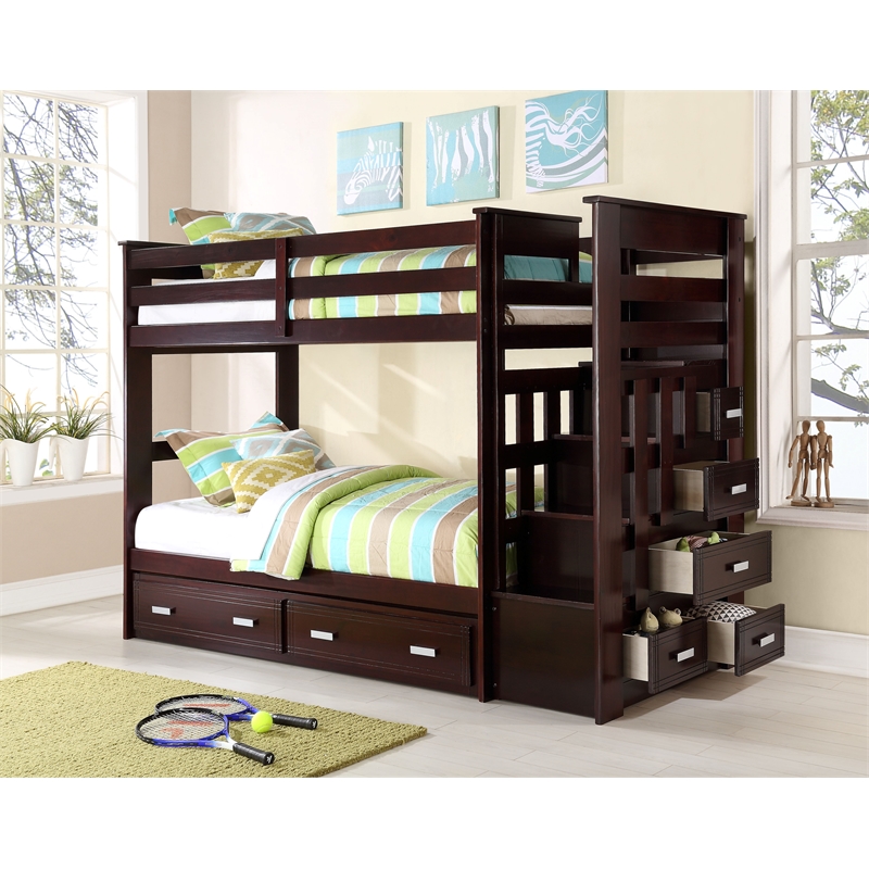 Bowery Hill Twin/Twin Bunk Bed with Storage Ladder & Trundle in Espresso