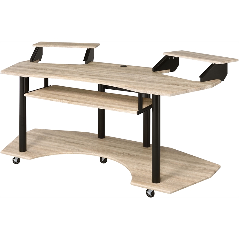 Bowery Hill Wooden 3-Shelf Music Recording Studio Desk in Natural Oak