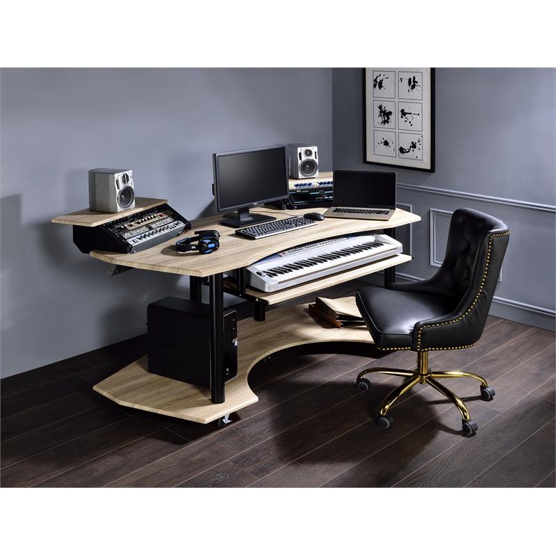 Bowery Hill Wooden 3-Shelf Music Recording Studio Desk in Natural Oak