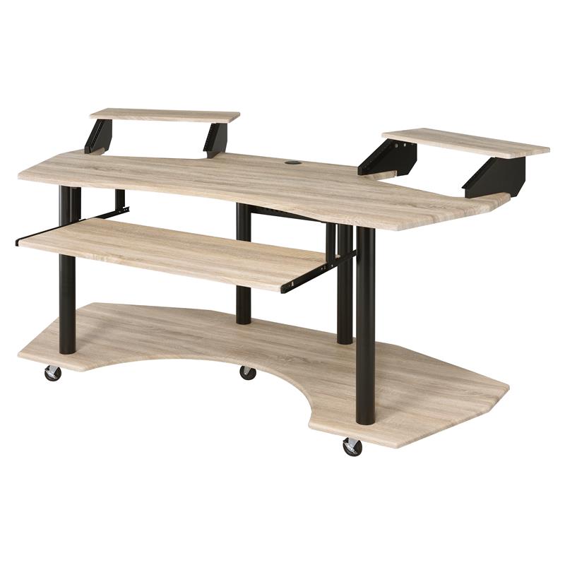 Bowery Hill Wooden 3-Shelf Music Recording Studio Desk in Natural Oak