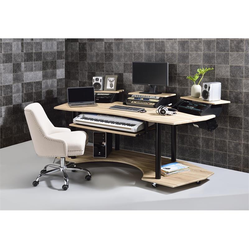Bowery Hill Wooden 4-Shelf Music Recording Studio Desk in Natural Oak