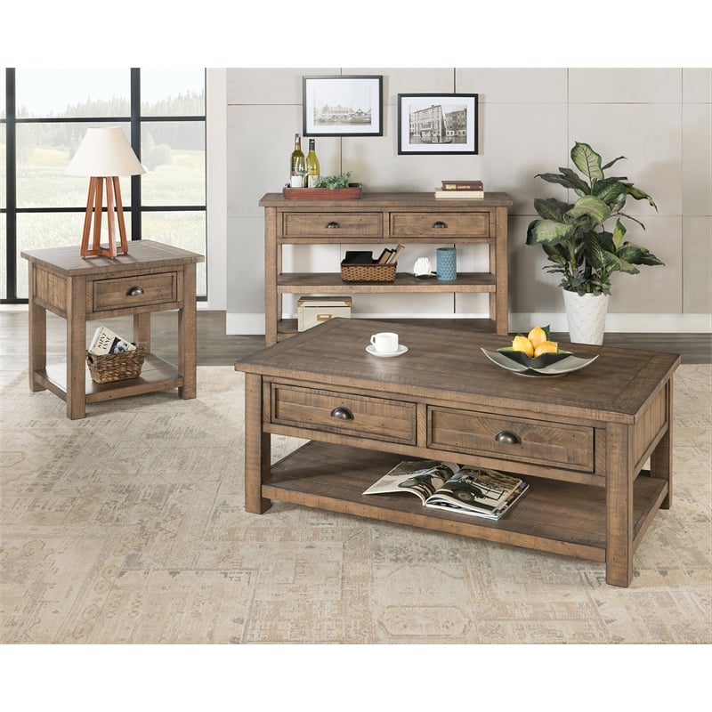Bowery Hill Farmhouse Solid Wood 2 Drawer Sofa Console Table Natural