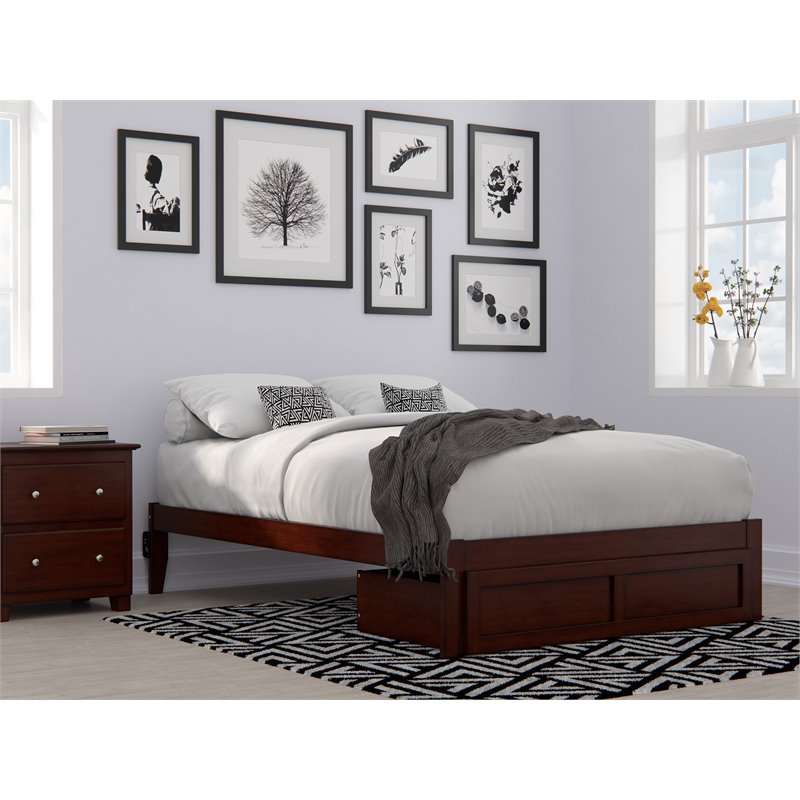 Bowery Hill Solid Wood Full Bed with Foot Drawer and USB Charger in Walnut