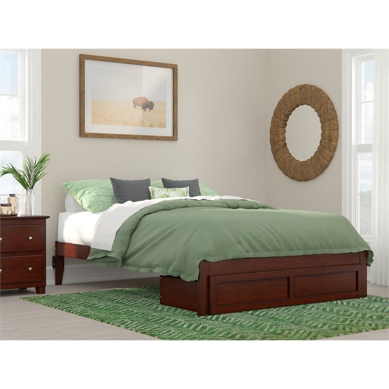 Bowery Hill Modern Solid Wood Queen Bed with Foot Drawer in Walnut