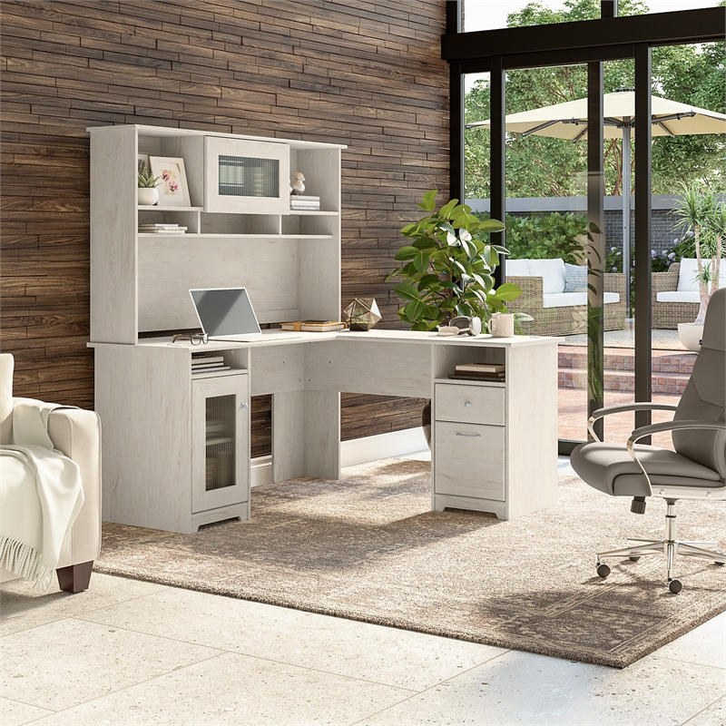 Bowery Hill 60W Wood L Shaped Computer Desk with Hutch in Linen White Oak