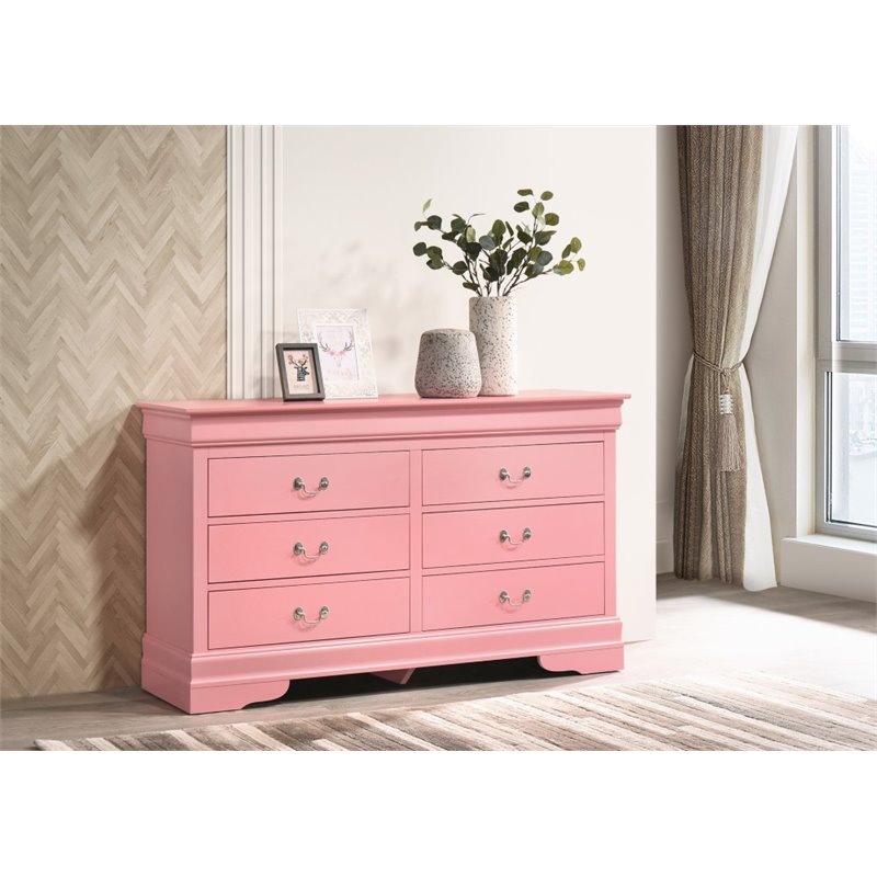 Bowery Hill Traditional 6 Dovetailed Drawers Dresser in Pink