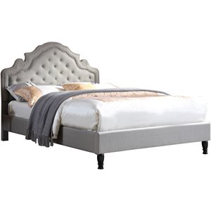 Bowery Hill Linen Fabric Gray Queen Bed Tufted Nailhead Trim 87&quot x 63&quot Unassembled