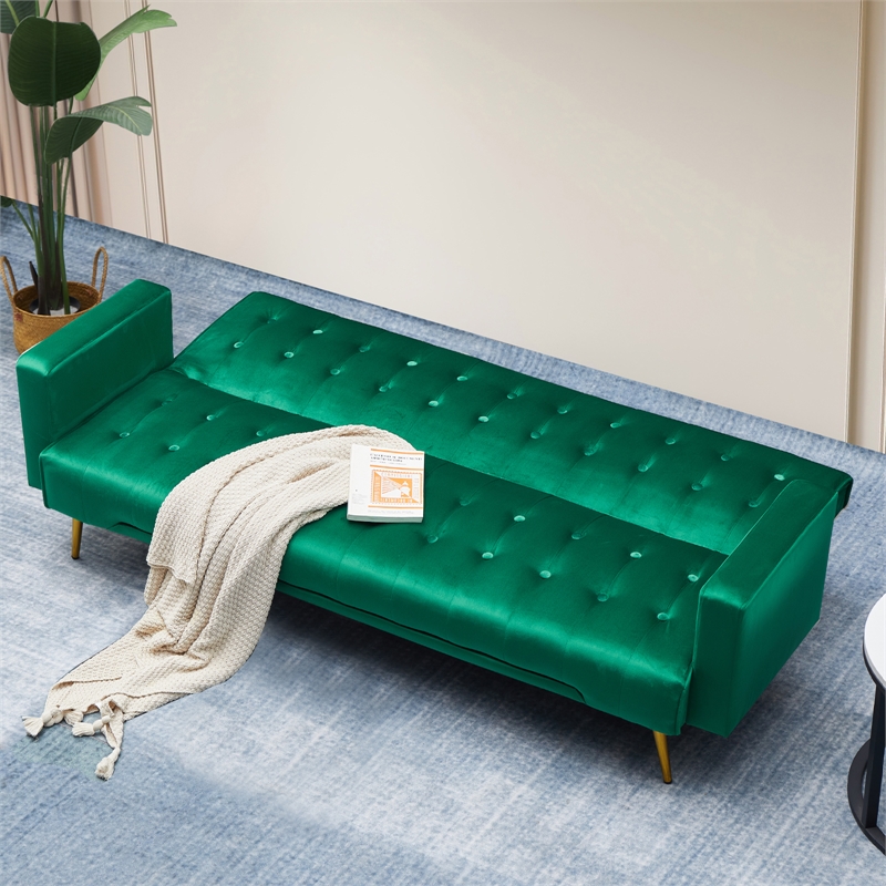Bowery Hill Contemporary Velvet Convertible Sofa in Green Finish